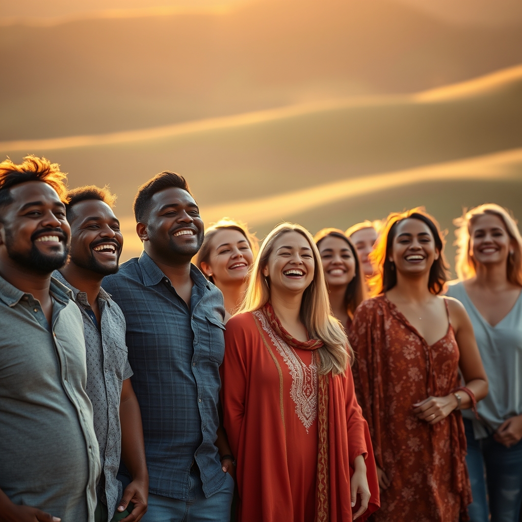 A diverse group of real people from various ethnic backgrounds standing together outdoors at golden hour, arms slightly raised in peaceful worship with warm sunlight glowing behind them, embodying the universal lordship of Jesus Christ.