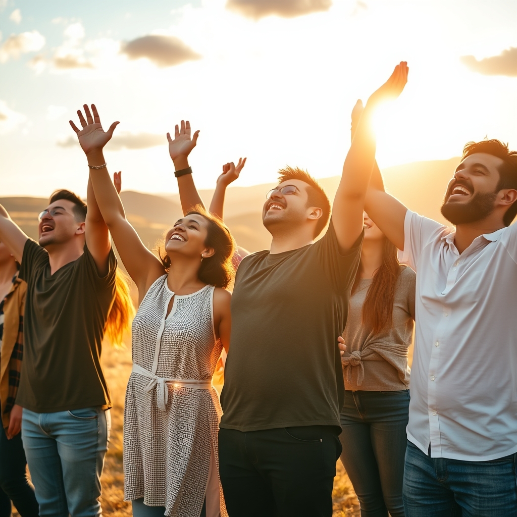 A diverse group of real people standing together outdoors in golden sunlight with arms raised in worship, expressing genuine joy and spiritual freedom against a sweeping open landscape, captured in professional photorealistic photography style