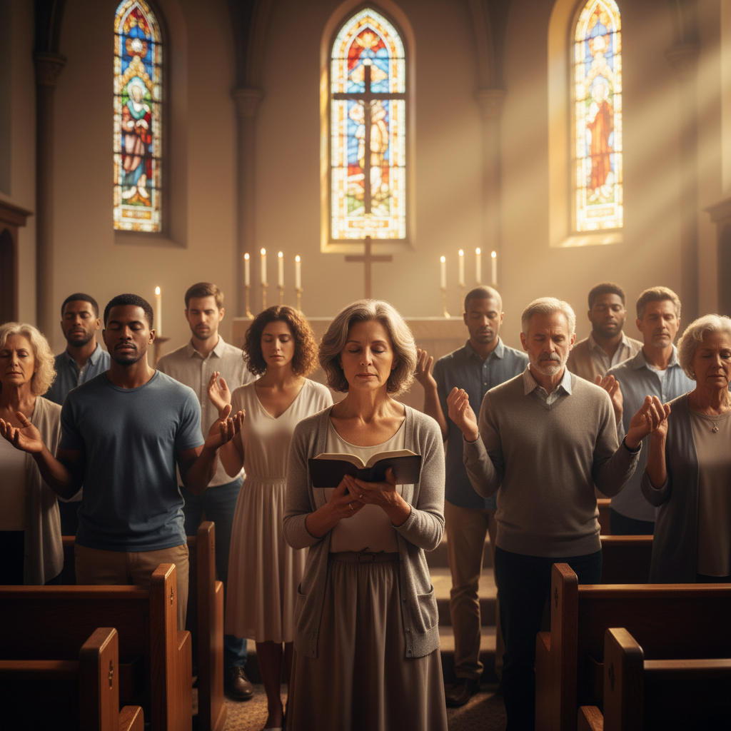 A diverse group of real worshippers raising their hands in praise inside a warmly lit church sanctuary, with golden light streaming through stained glass windows and an open Bible held in the foreground, conveying reverence, faith, and the living truth of Jesus' words.