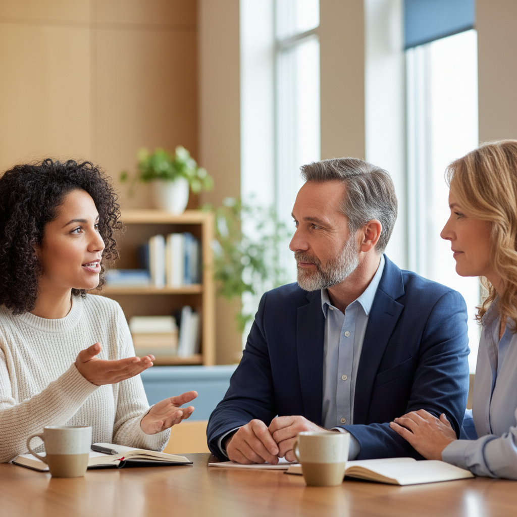 A diverse group of three adults engaged in a heartfelt conversation, sharing faith and encouragement.
