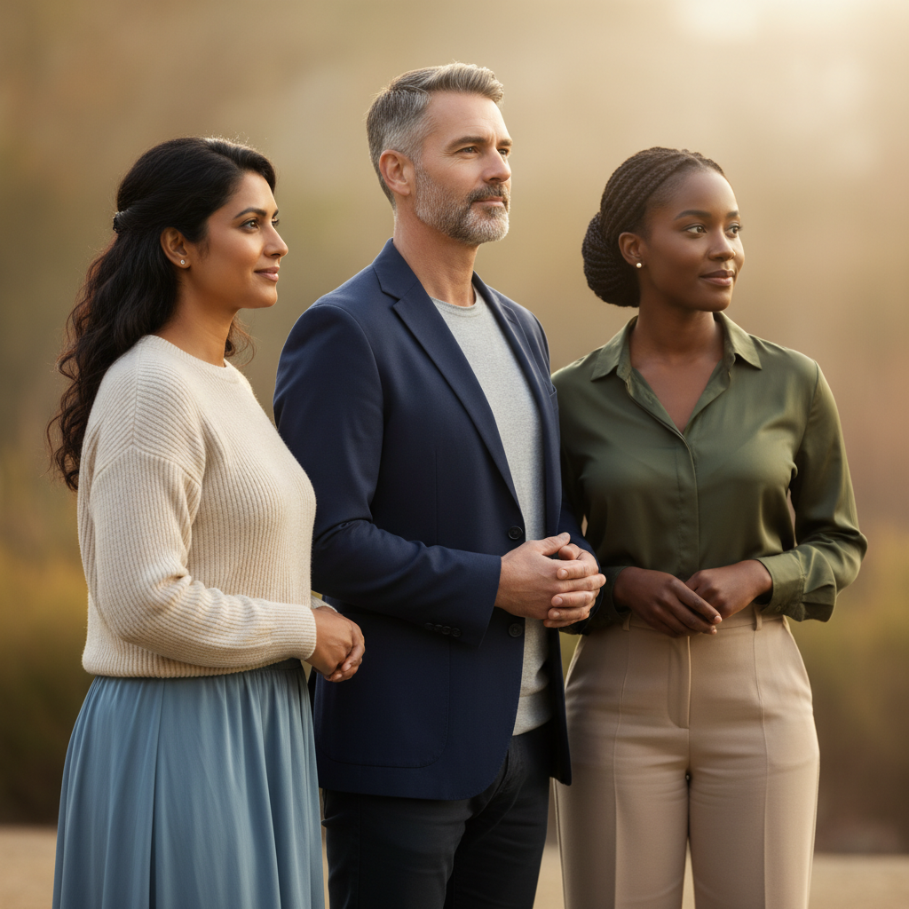 A diverse group of three adults with serene and confident expressions, looking towards a soft light, symbolizing shared identity and hope in faith.