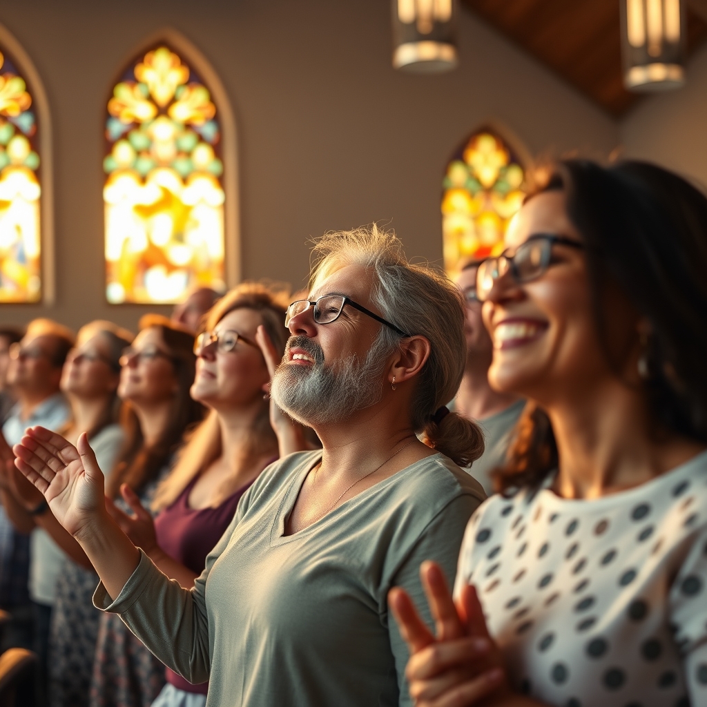 A diverse group of worshippers in a modern church, hands raised, bathed in golden light, illustrating the profound impact of Jesus coming to Earth.