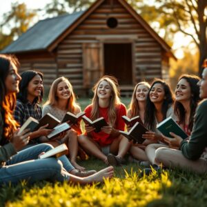 A diverse group of young adults gathered outdoors near a wooden church, holding Bibles and praying together in warm golden sunlight, expressing genuine faith and spiritual community.