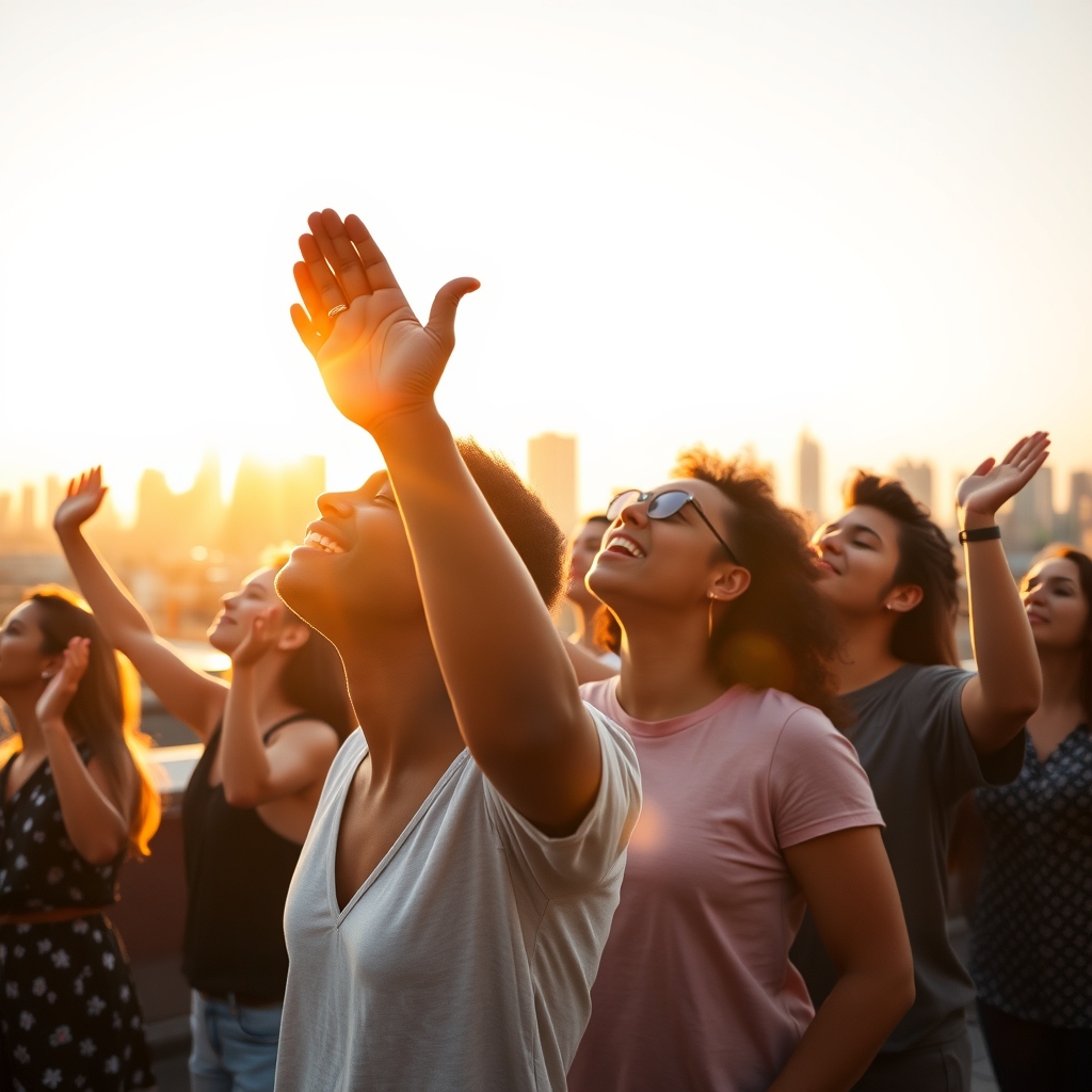 A diverse group of young adults worshipping on a rooftop at sunset with hands raised in praise and a city skyline in the background.