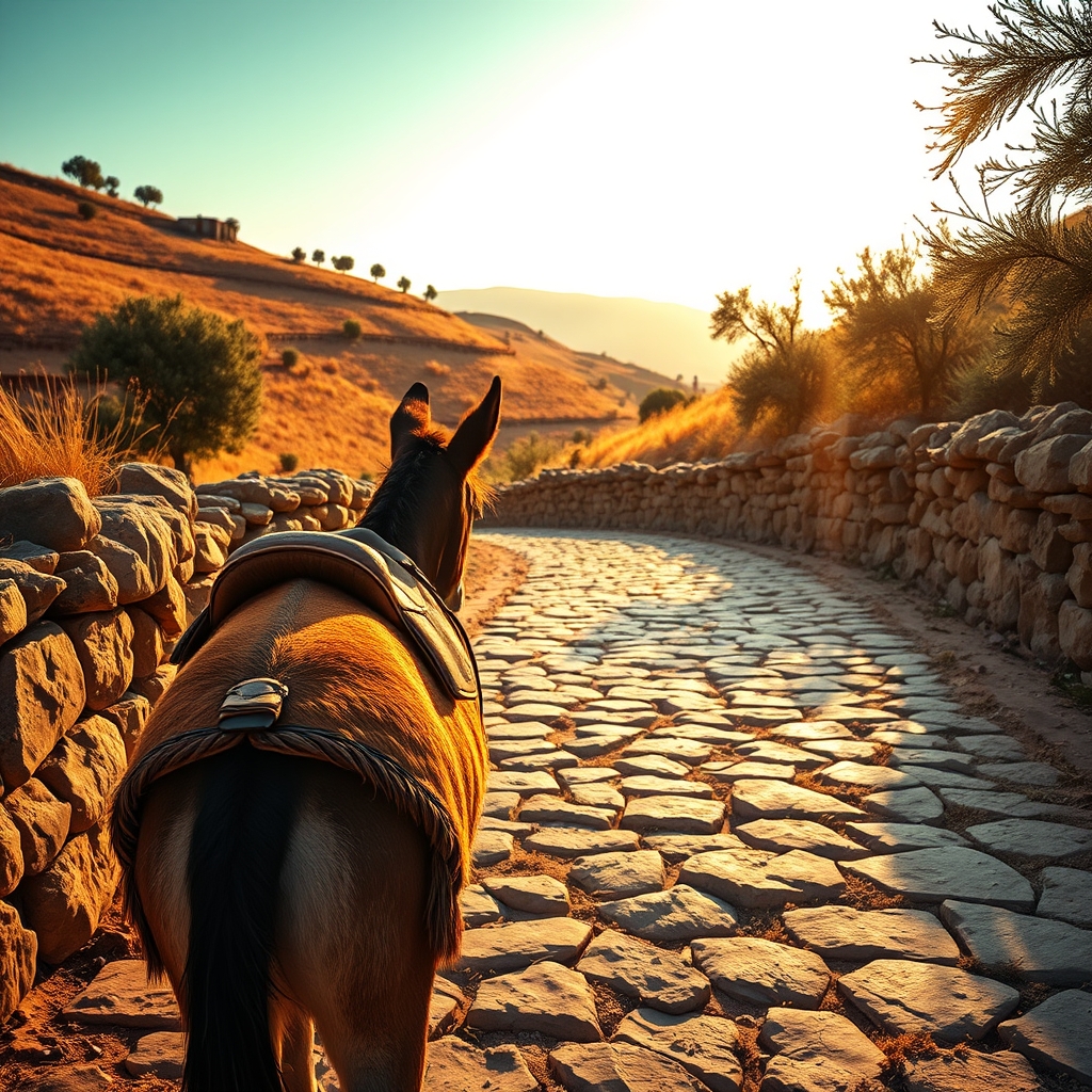 A donkey resting on an ancient stone path near olive trees at sunset, evoking the journey to Bethlehem.