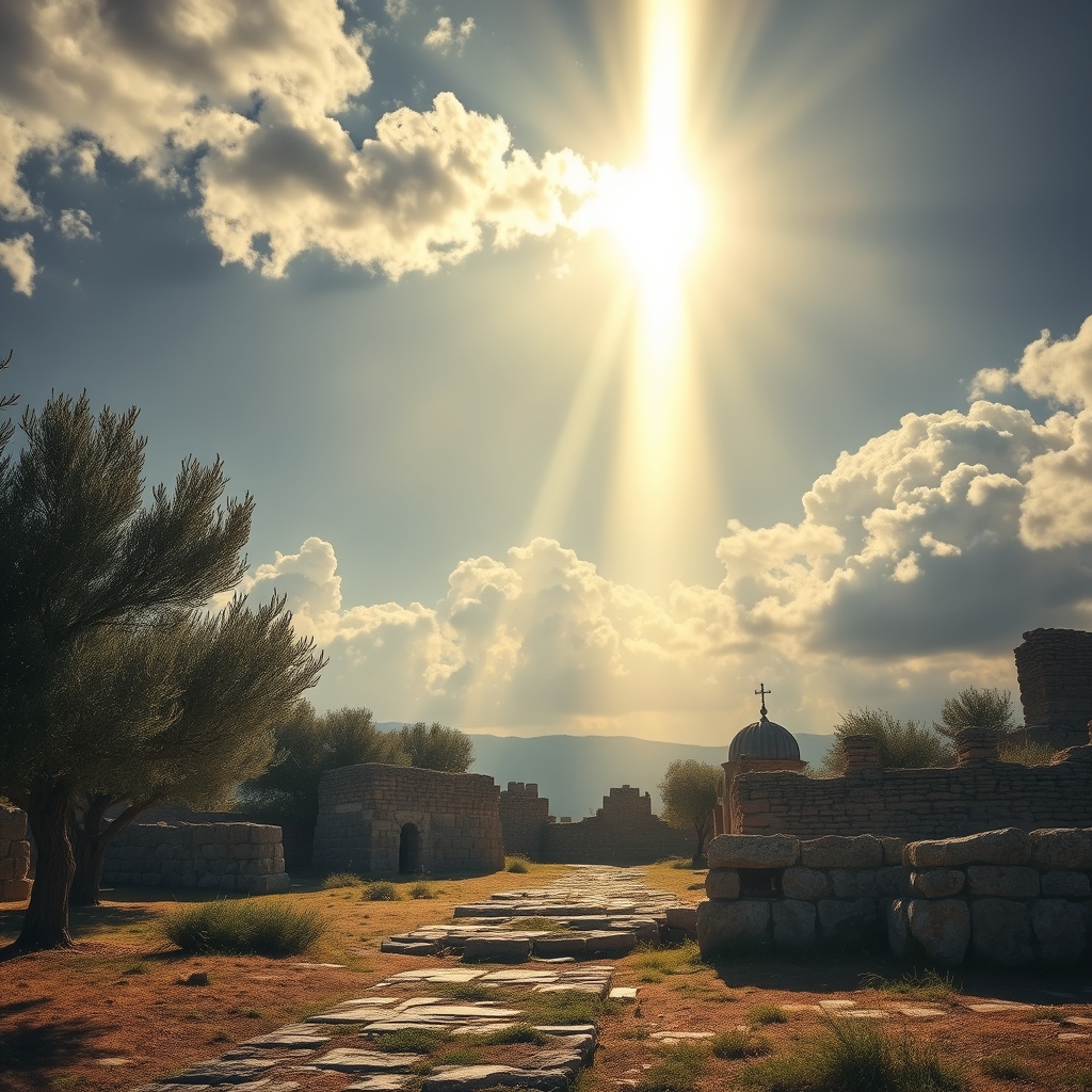 A dramatic beam of light breaks through clouds over an ancient landscape of olive trees and stone ruins, evoking the miraculous power attributed to Jesus in the Quran, captured in professional photography style.