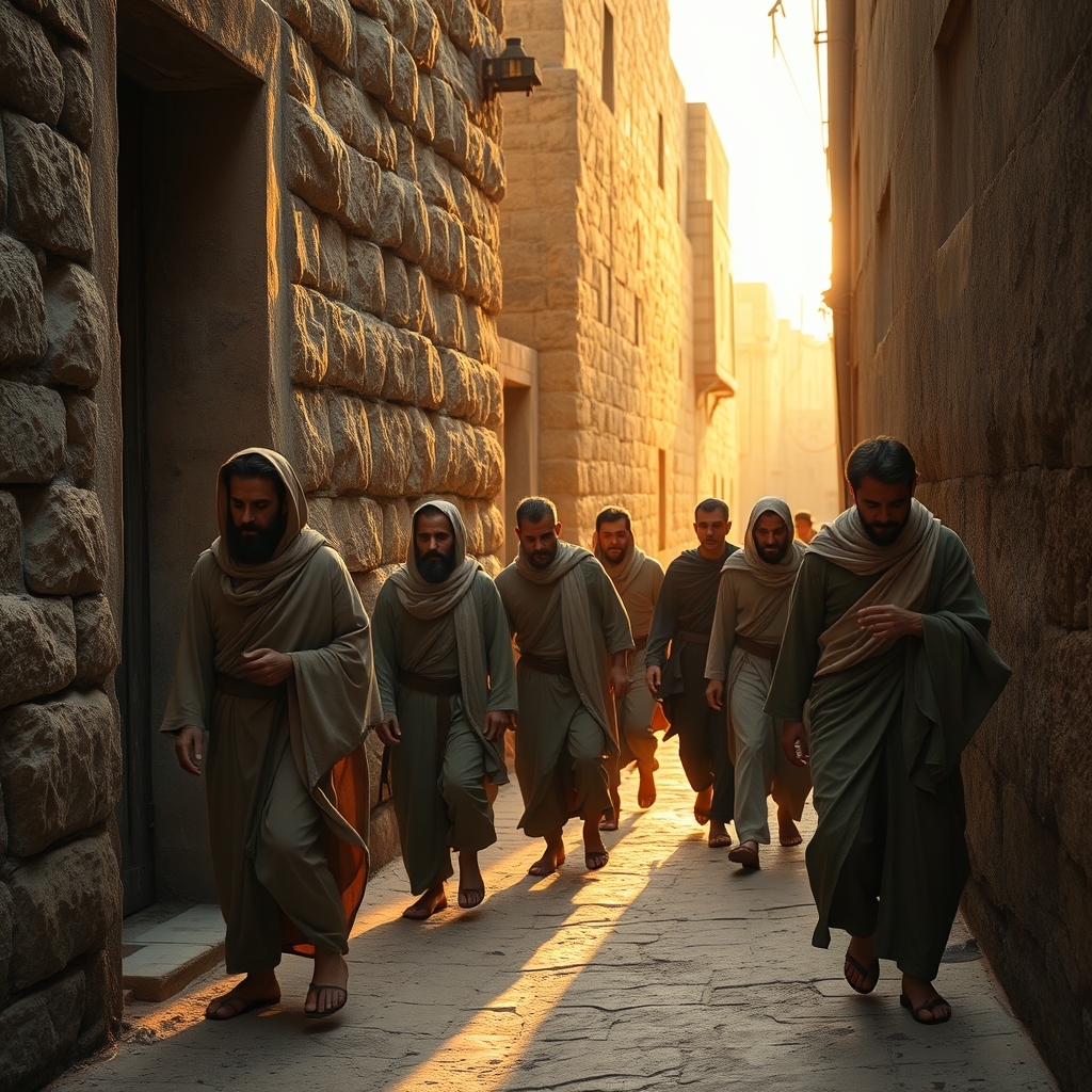 A dramatic photorealistic scene of distressed men in ancient robes stumbling through a narrow stone alleyway at golden hour, warm sunlight casting long shadows