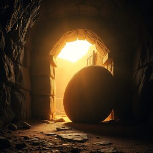 A dramatic, reverent scene depicting an ancient stone tomb entrance at dawn, with soft golden light spilling into a dark, weathered rock-hewn burial chamber. The stone doorway is sealed with a large, ancient round rolling stone, partially illuminated by warm, ethereal light from within, suggesting a divine presence.