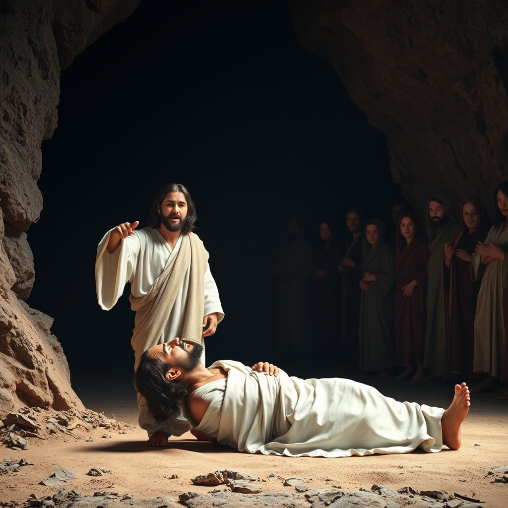 A dramatic scene of a man rising from a tomb while a crowd watches in amazement.