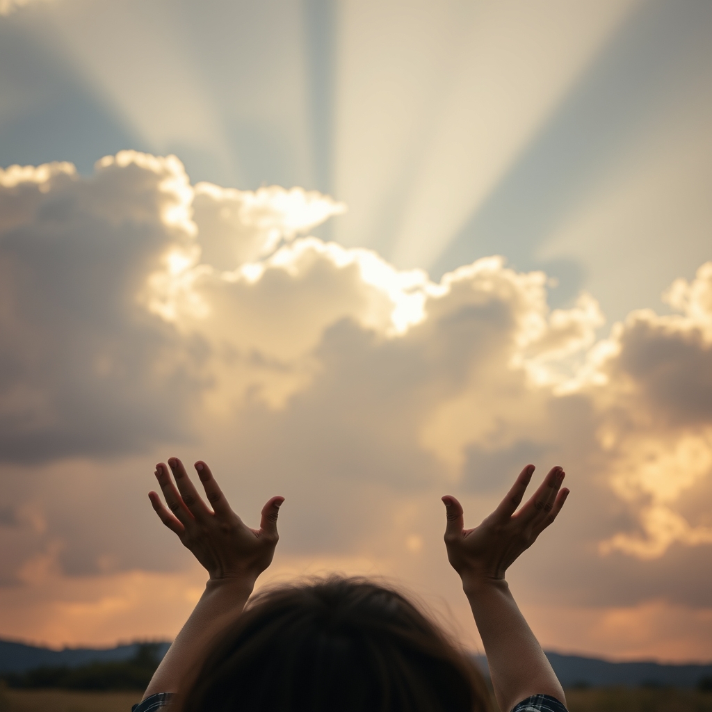 A dramatic sky with soft light breaking through clouds, viewed from a person's perspective with hands raised in quiet awe, capturing a moment of spiritual revelation.