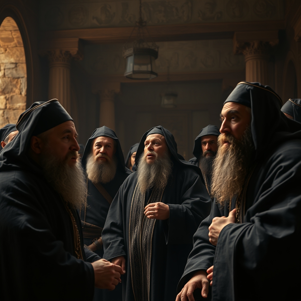 A dramatic, tense scene in an ancient Jewish council chamber with stern-faced religious leaders in traditional robes reacting with shock and anger.