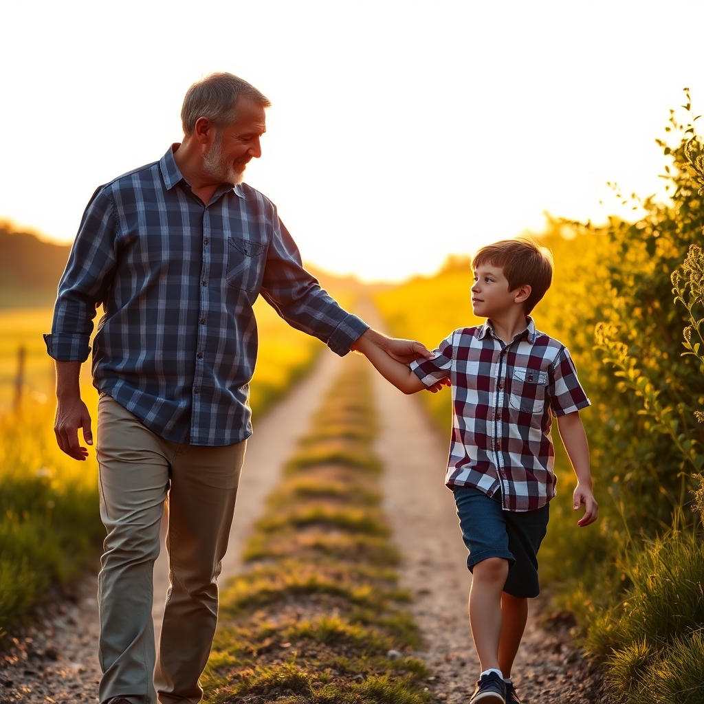 A father and son walking together on a golden-hour path in the countryside.