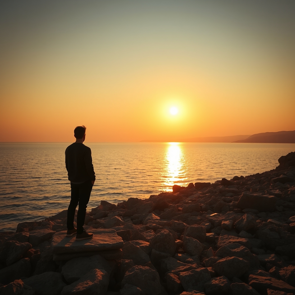 A figure standing on a rocky shore at sunrise overlooking calm waters, evoking peace and purpose.