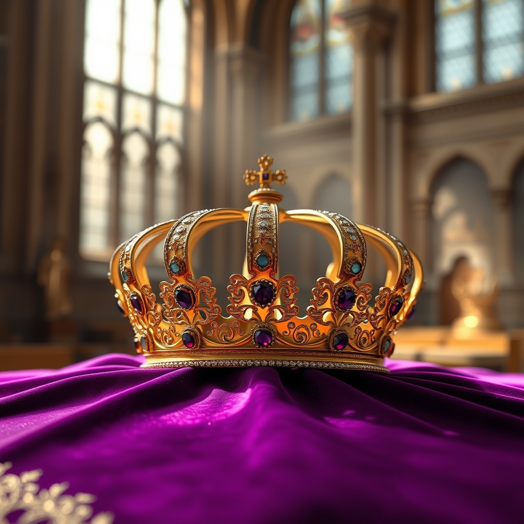 A gleaming golden crown resting on deep purple velvet cloth, illuminated by soft cathedral light.