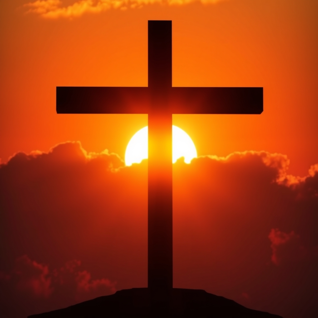 A glowing cross silhouetted against a brilliant sunset sky with soft clouds in gold and crimson