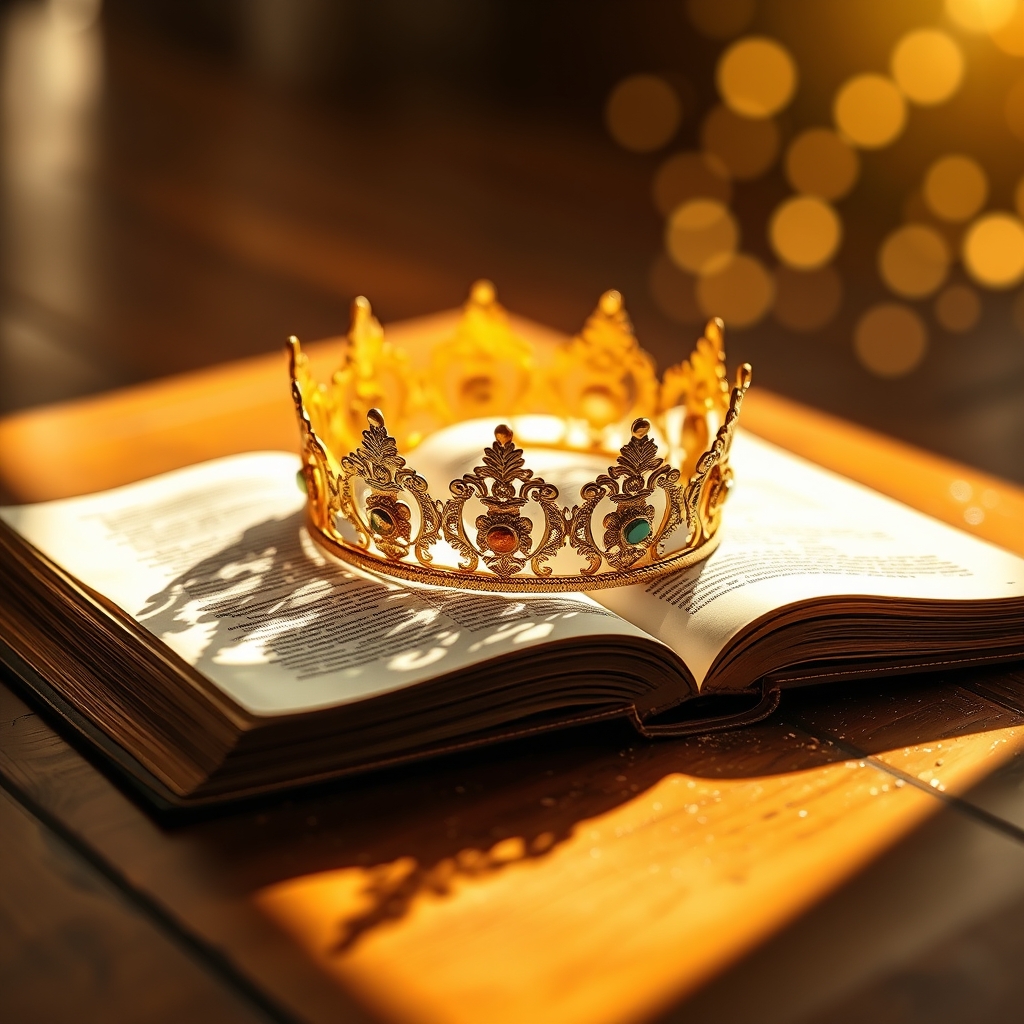 A glowing golden crown resting on the open pages of an aged Bible with soft warm sunlight and seven gentle lights shimmering in the background