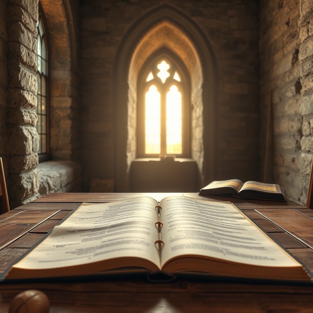 A glowing parchment timeline on a wooden table with church light and an open Bible.