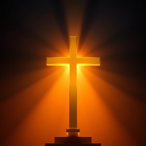 A golden cross glowing with warm divine light against a deep blue and amber gradient background, symbolizing faith, hope, and the truth of Jesus Christ.