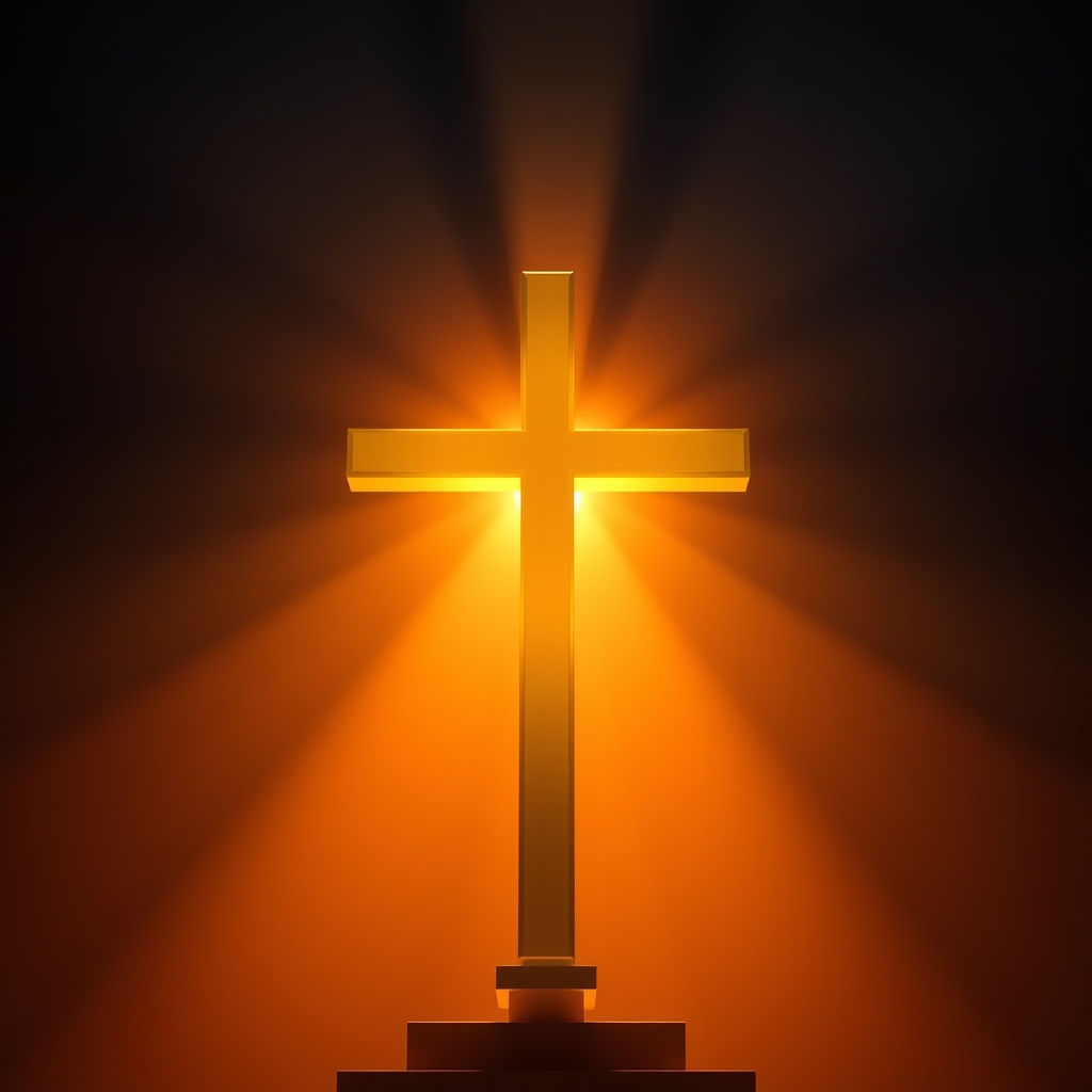 A golden cross glowing with warm divine light against a deep blue and amber gradient background, symbolizing faith, hope, and the truth of Jesus Christ.