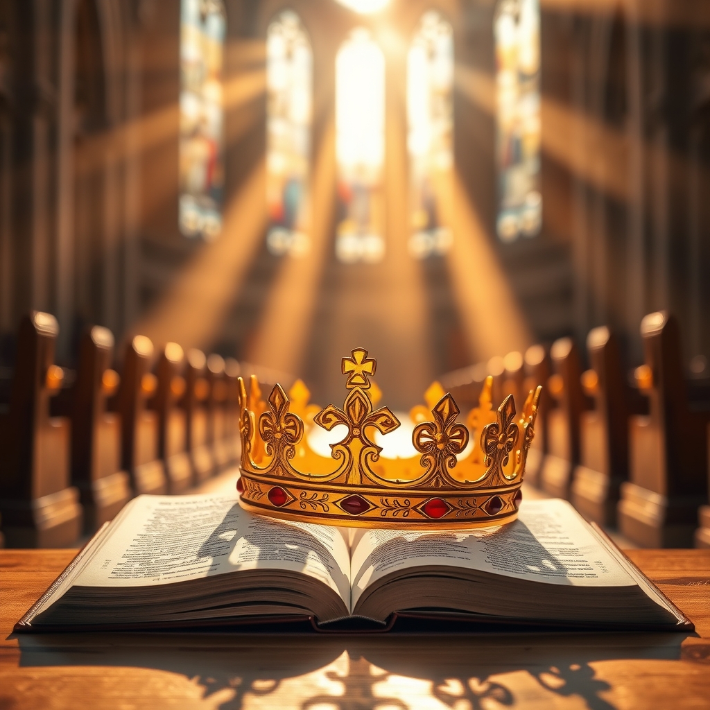 A golden crown resting on an open Bible, illuminated by warm sunlight streaming through cathedral stained glass windows, symbolizing Christ's eternal kingship.