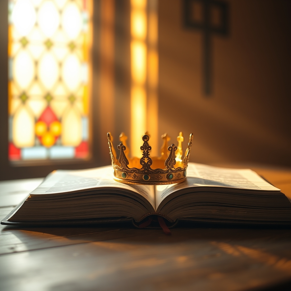 A golden crown resting on an open Bible with warm sunlight streaming through a stained glass window