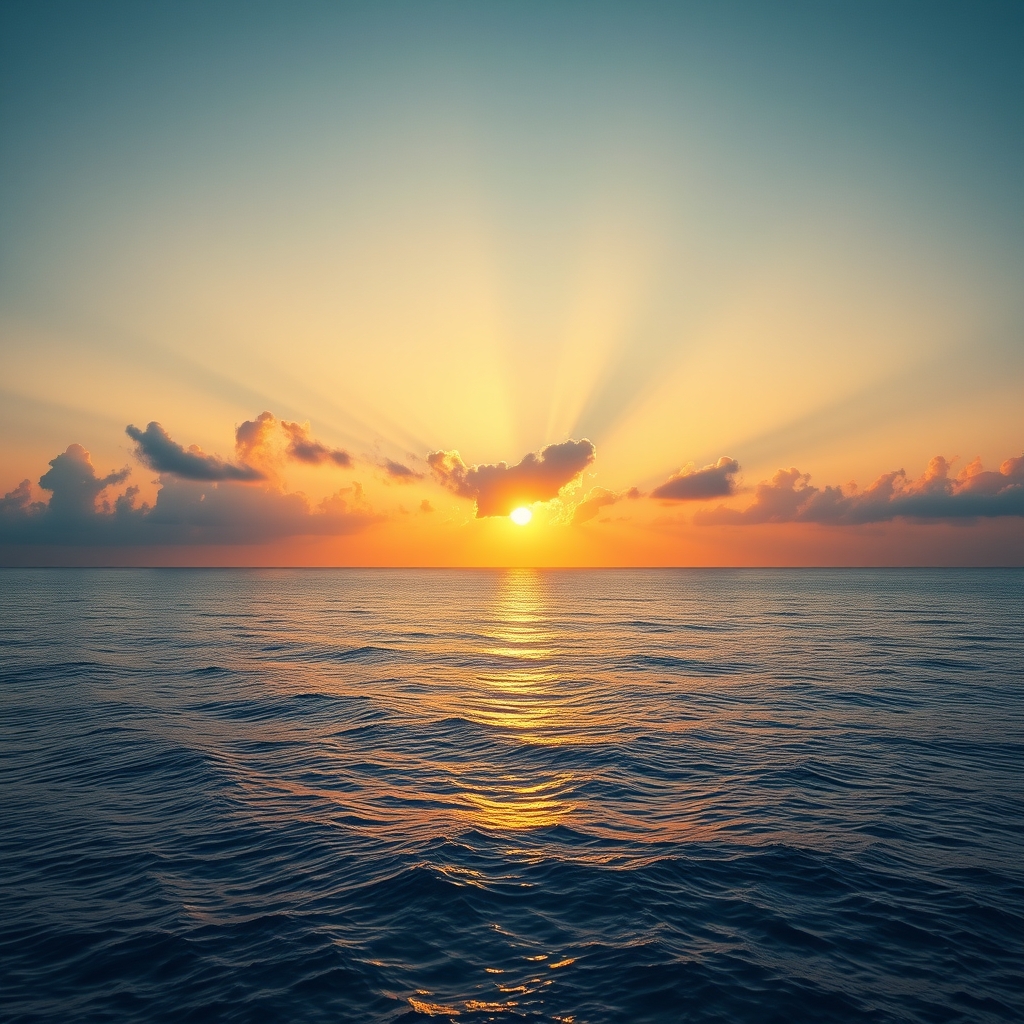 A golden sunrise over a calm ocean with light breaking through clouds, symbolizing eternity