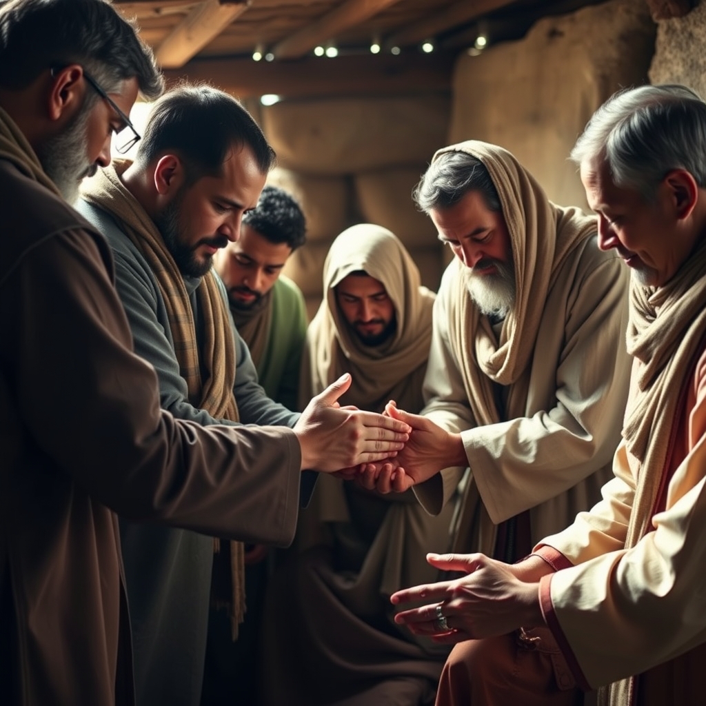 A group of Christian missionaries praying for a person in a rural setting, conveying faith and compassion.