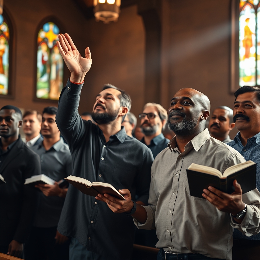 A group of diverse Christian men standing together in a church, some with hands raised in worship and others holding Bibles, with soft light streaming through stained glass windows.