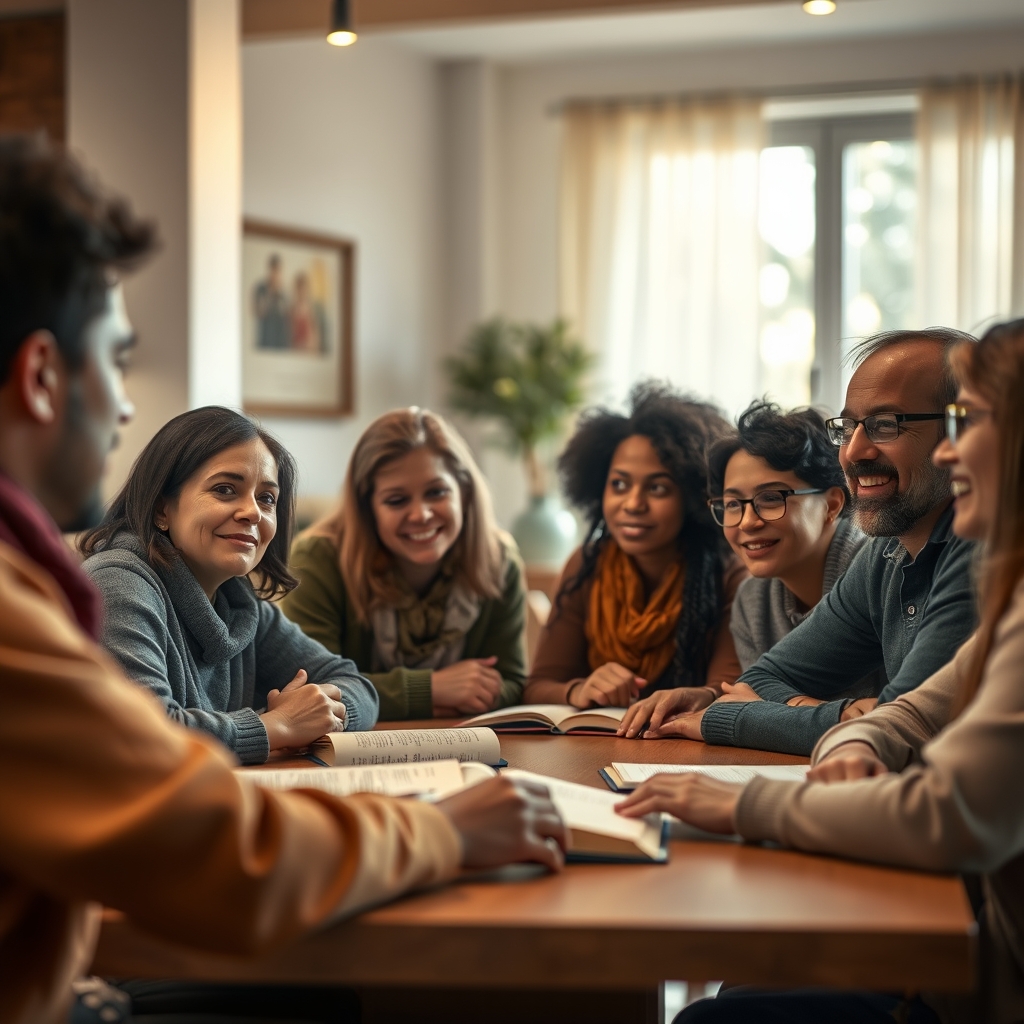 A group of diverse people gathered around a table in a warmly lit room, engaged in earnest conversation, with expressions of curiosity and faith, creating a pastoral and educational atmosphere.
