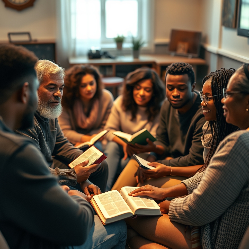 A group of diverse people sitting together in a warm, intimate circle in a softly lit room, some holding Bibles, expressions of deep conversation and listening