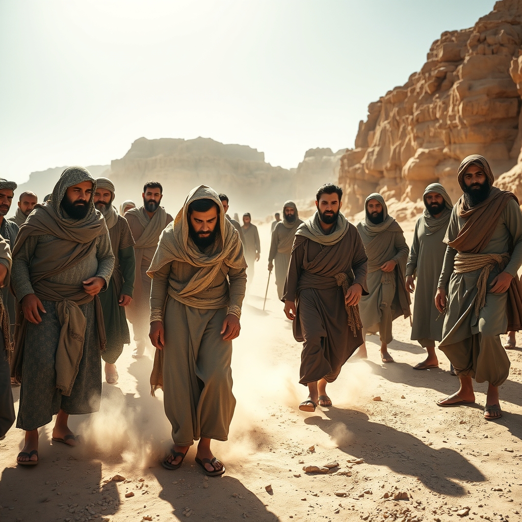 A group of Middle Eastern men at a desert caravan route with one young man being led away in rope bindings under harsh sunlight