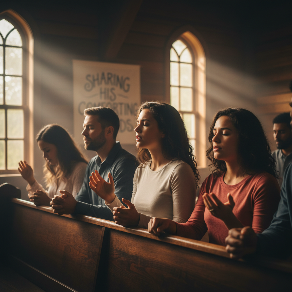 A group of people praying together in a warmly lit church, hands clasped, conveying a feeling of intimate worship and shared faith.