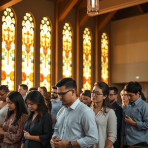 A group of reverent Christians standing together in prayer inside a warmly lit modern church sanctuary with stained glass windows, captured in realistic professional photography style.