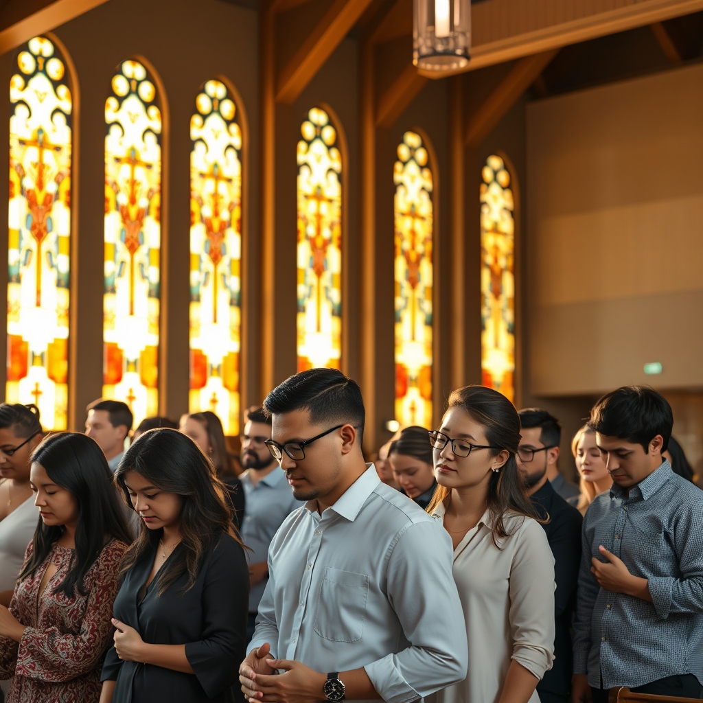 A group of reverent Christians standing together in prayer inside a warmly lit modern church sanctuary with stained glass windows, captured in realistic professional photography style.
