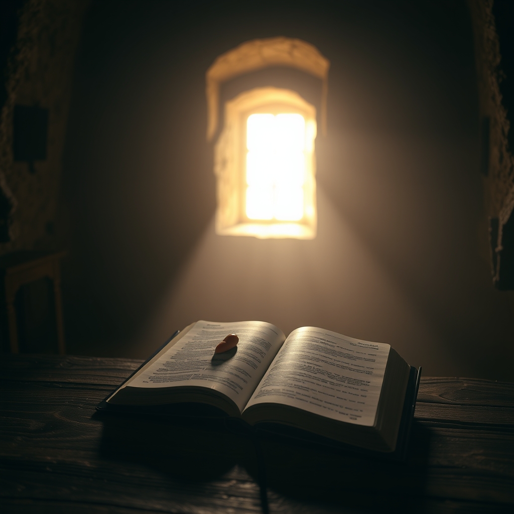 A hand gently touching an open Bible on a wooden table in a dimly lit ancient stone chamber with soft golden light filtering through a small window.