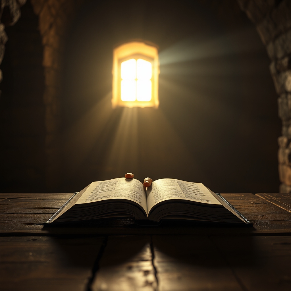 A hand gently touching an open Bible on a wooden table in a dimly lit ancient stone chamber with soft golden light filtering through a small window.