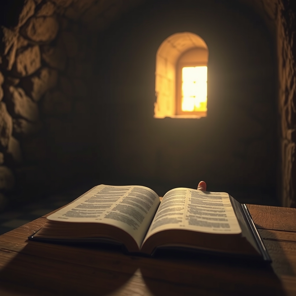 A hand gently touching an open Bible on a wooden table in a dimly lit ancient stone chamber with soft golden light filtering through a small window.