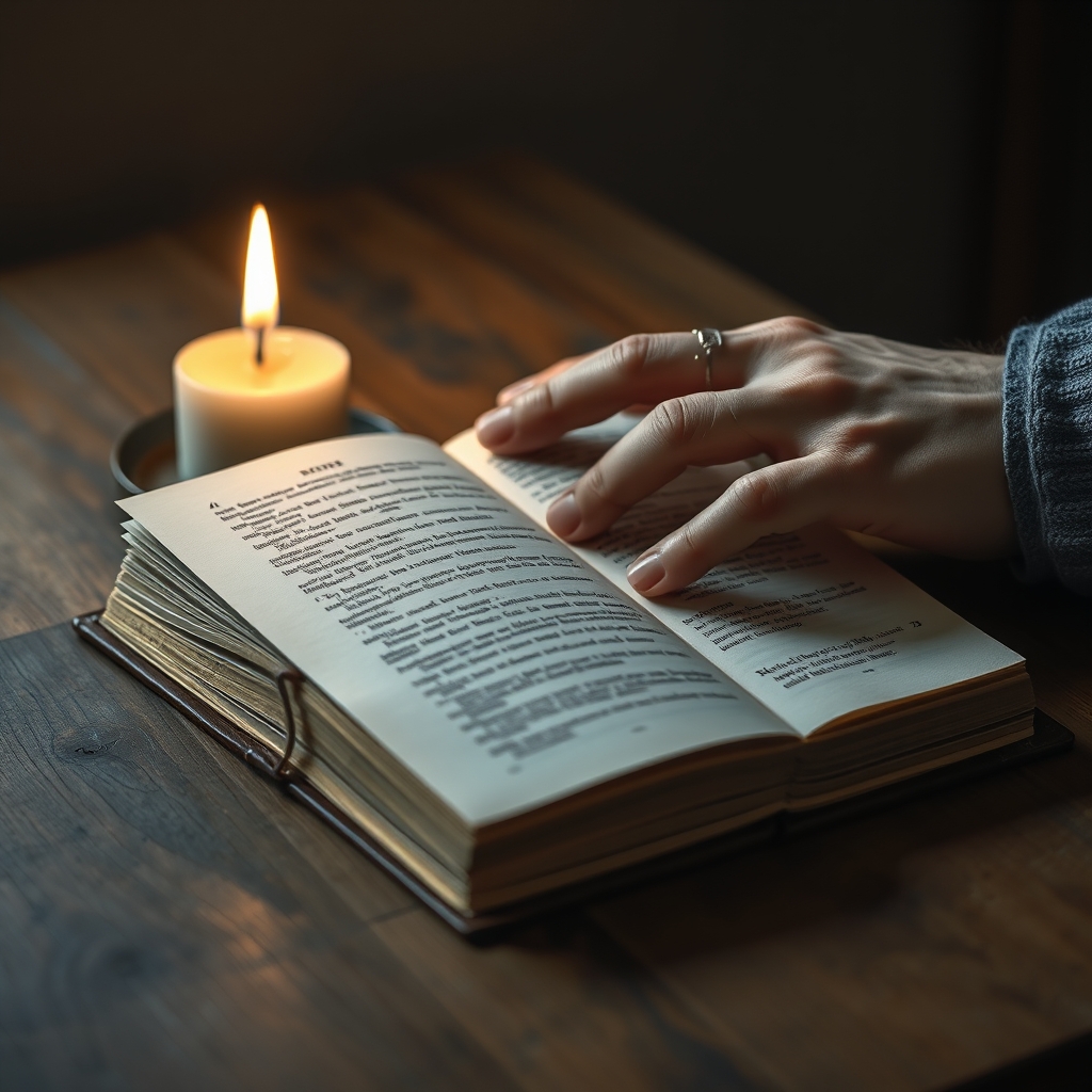 A hand holding an open hardcover book with gilded pages next to a lit candle on a wooden surface, evoking reverence and remembrance.