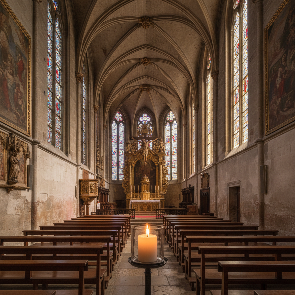 A historic church interior with stained glass windows, wooden pews, and a lit candle on the altar in warm, reverent light.
