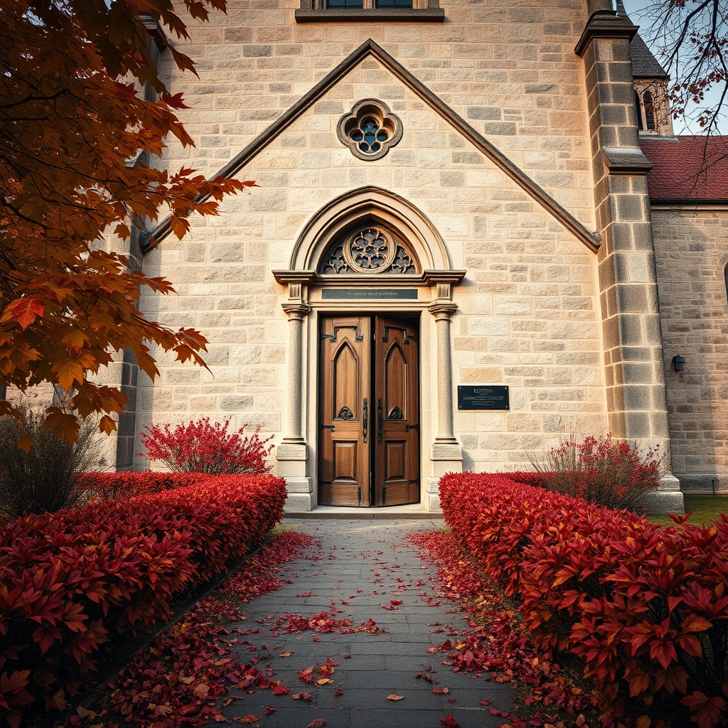 A historic stone church with autumn leaves on the ground and warm golden light at the entrance.