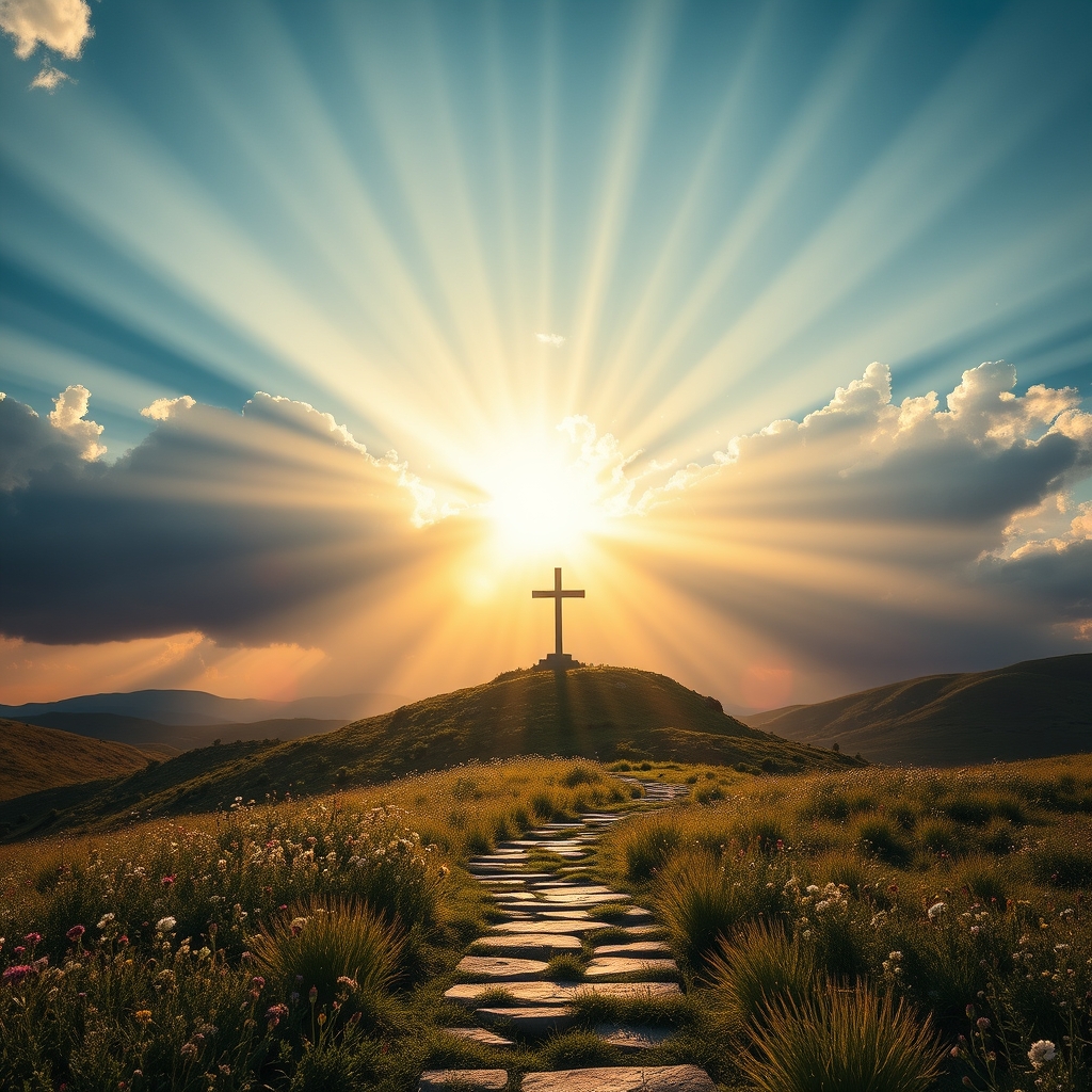 A hopeful sunrise over a valley with a cross on a distant hill.