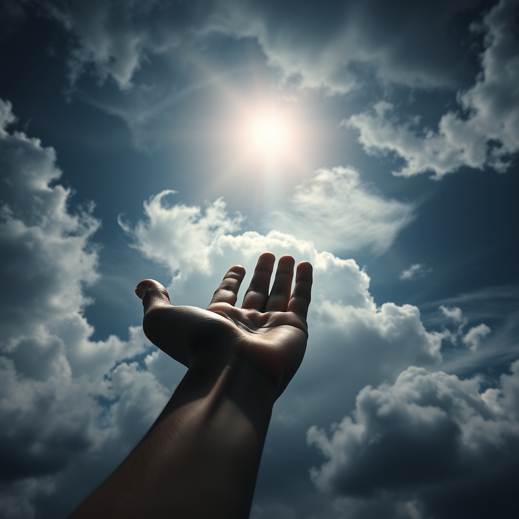 A human hand reaching upwards towards a bright light in a stormy sky.