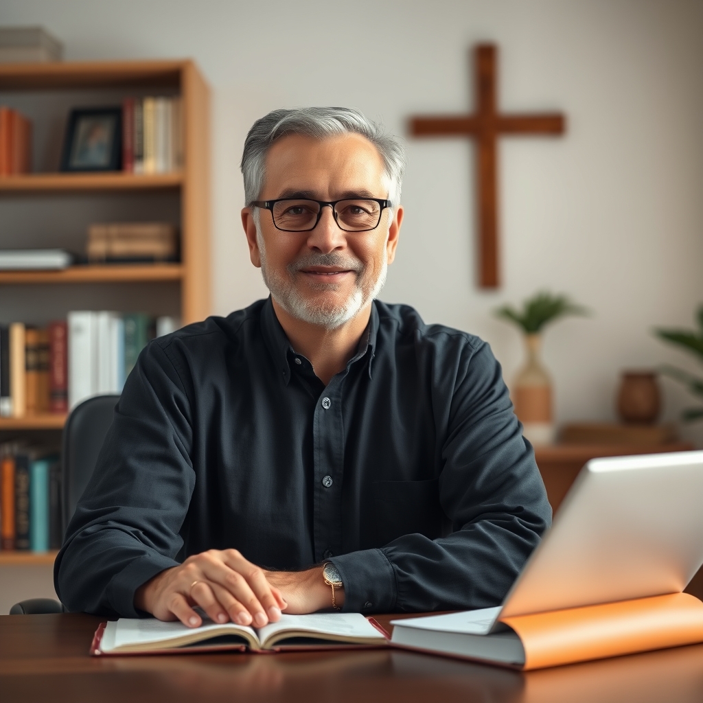 A kind, mature Christian pastor sitting at a desk in a warm study, looking at the camera with a calm and pastoral expression, ready to answer questions about Jesus.