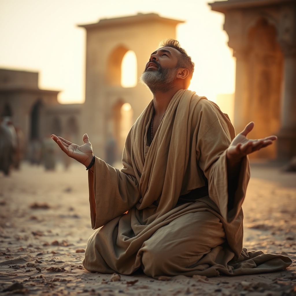 A kneeling man in ancient robes reaching out with desperate faith, captured in photorealistic desert lighting