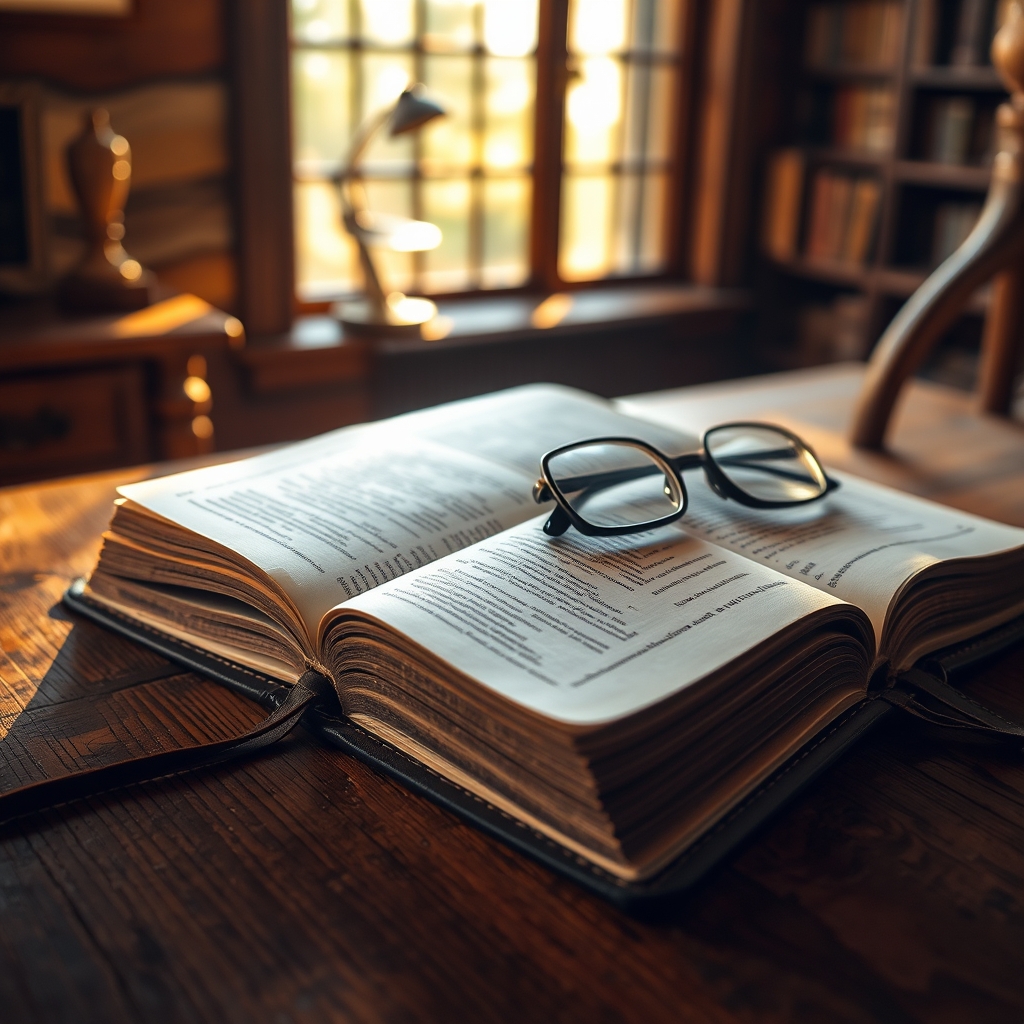 A leather-bound Bible lies open on a table with morning sunlight streaming in