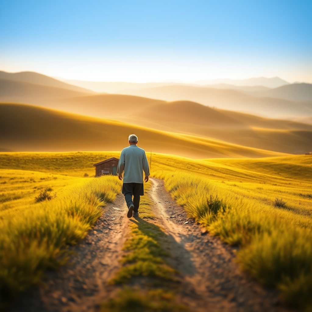 A lone figure walks along a dusty path through the rolling green hills of ancient Galilee at golden sunrise, evoking a sense of spiritual journey and calling.