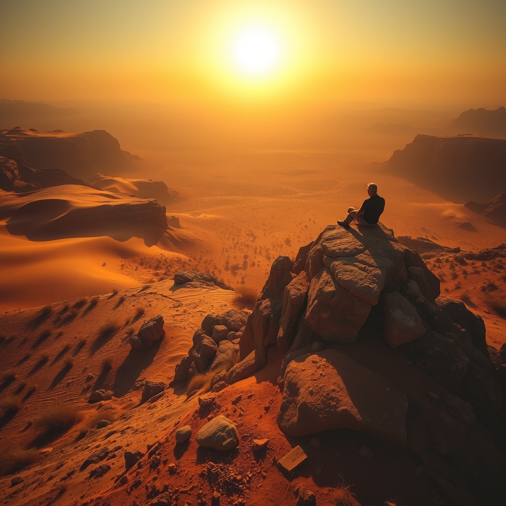 A lone man sits on a desert rock outcrop at golden hour, overlooking a vast arid valley with sparse vegetation and distant ridges.