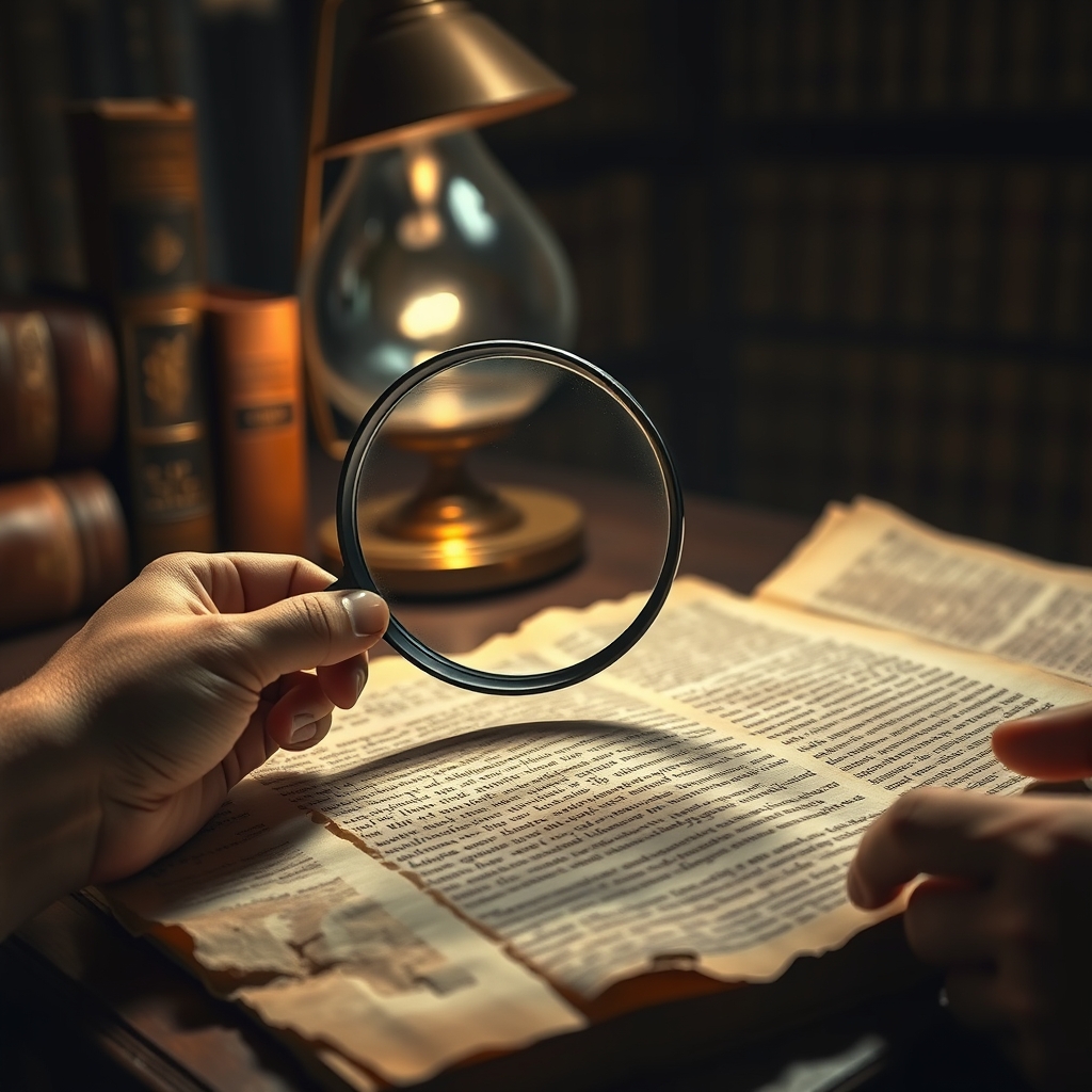 A magnifying glass examines a papyrus fragment with ancient Greek writing, set in a quiet study with old books and soft lighting, evoking a mood of sincere faith and historical inquiry.