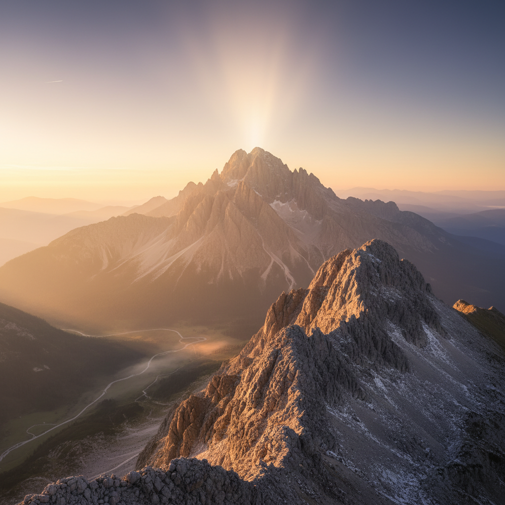 A majestic mountain peak bathed in golden sunrise light, suggesting a divine revelation.