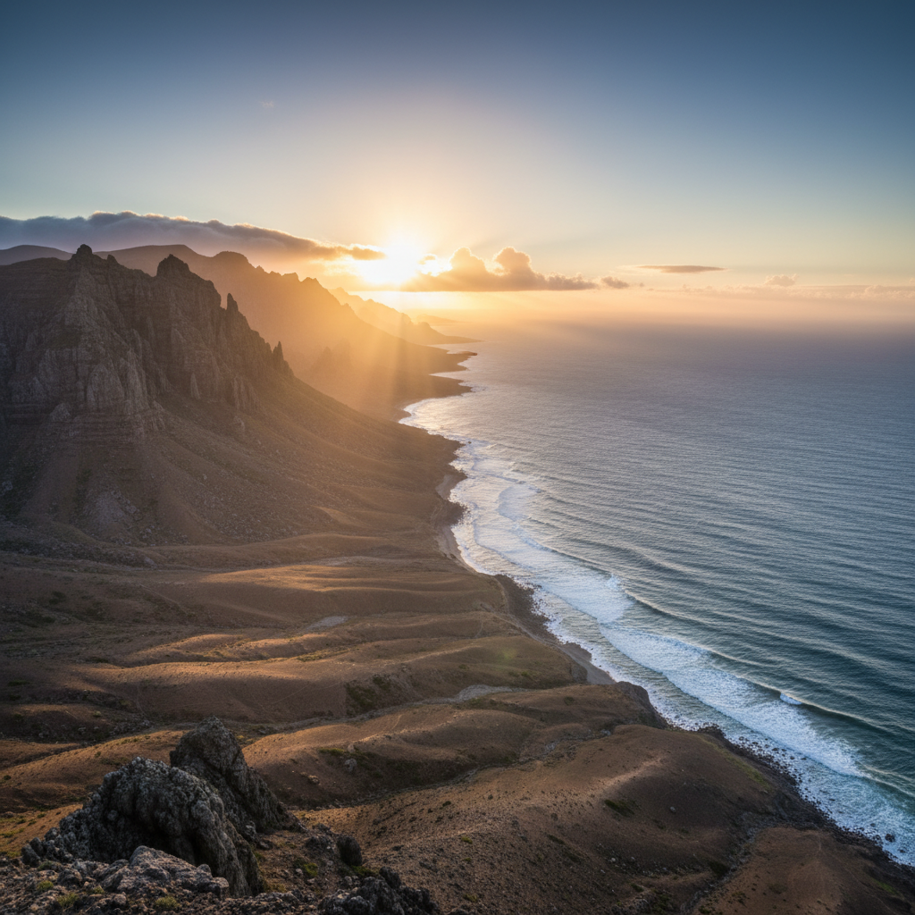 A majestic natural landscape at golden hour, with soft light breaking through clouds, symbolizing God's continuous work in creation.